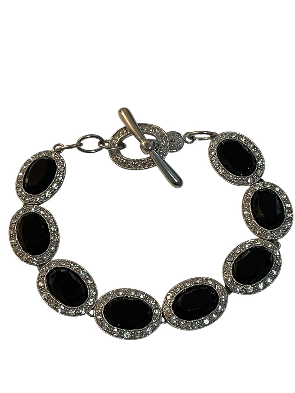MONET Bracelet Black Crystals Silver tone Linked Toggle Clasp Signed